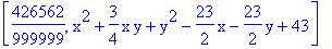 [426562/999999, x^2+3/4*x*y+y^2-23/2*x-23/2*y+43]